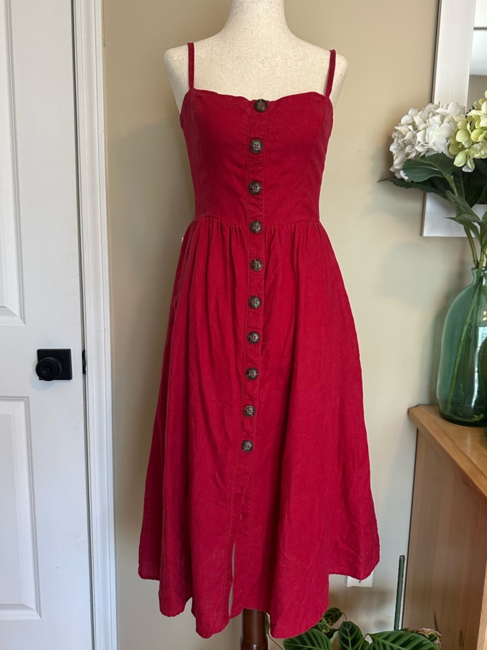 Reformation Tori Cherry Red 100% Linen Midi Dress size 2